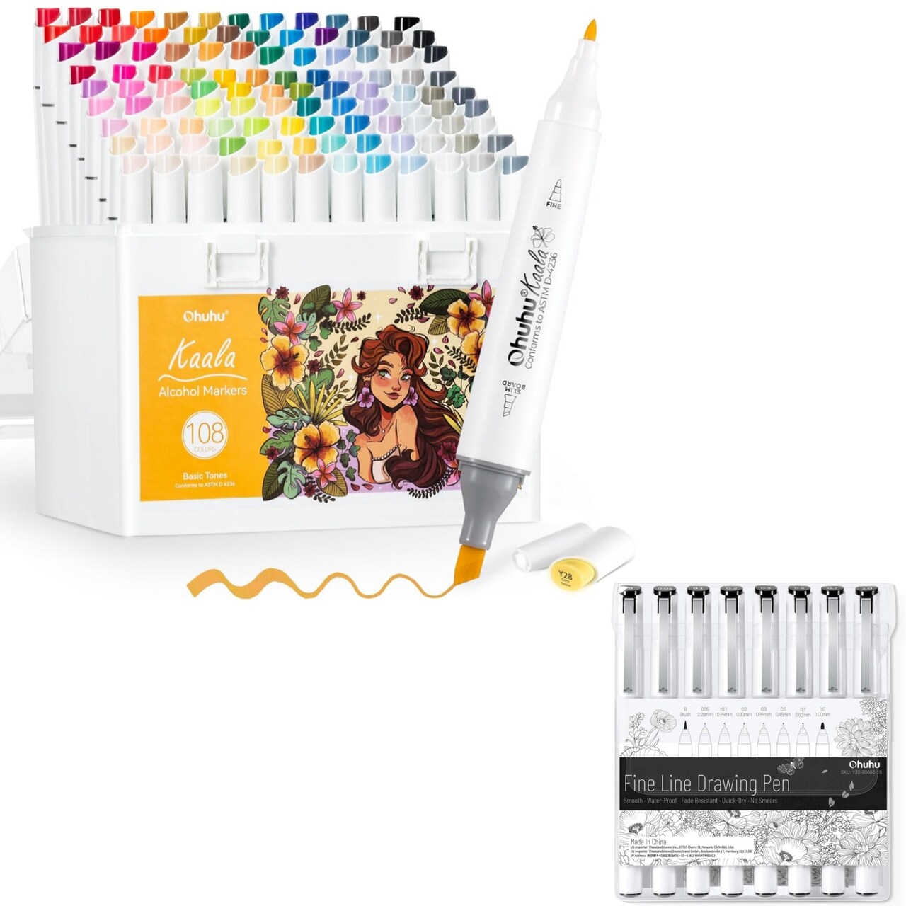 Ohuhu Kaala 108-Color Fine & Slim Broad Dual Tip Alcohol Marker Set + 8-size Tips Fineliner Pens